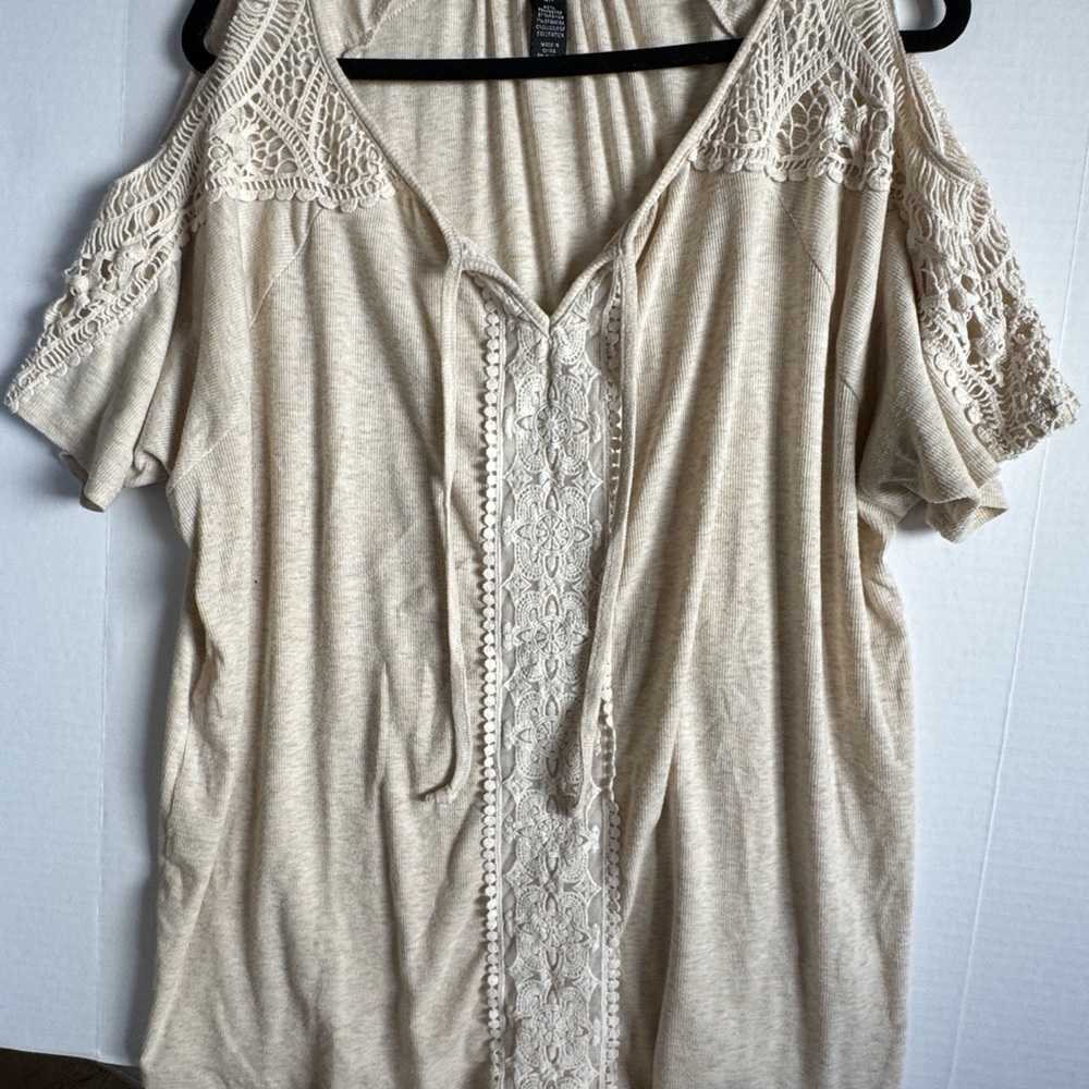 Style & Co. Cream Blouse with Puff Sleeves and Tie Front